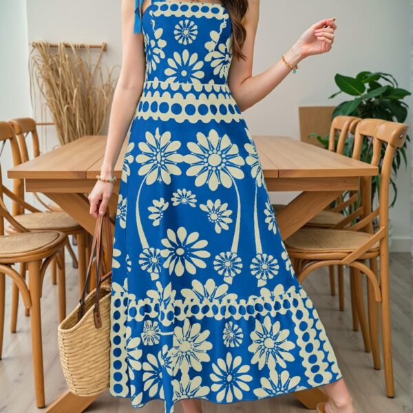 Elegant Blue Bohemian Print Laced Shoulder Cut-Out Waist Maxi Dress for Summer Beach Outings - Chic, Classy and Trendy Fashion Style to Dress to Impress