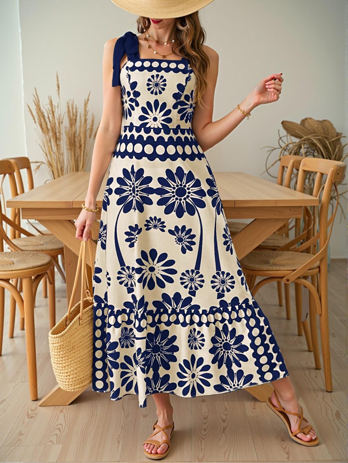 Elegant Blue Floral-Print Laced Shoulder Cut-Out High Waist Maxi Dress for Vacation Beach Outfits - Chic, Classy and Trendy Fashion Style to Dress to Impress