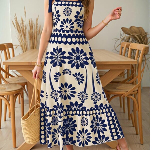 Elegant Blue Floral-Print Laced Shoulder Cut-Out High Waist Maxi Dress for Vacation Beach Outfits - Chic, Classy and Trendy Fashion Style to Dress to Impress