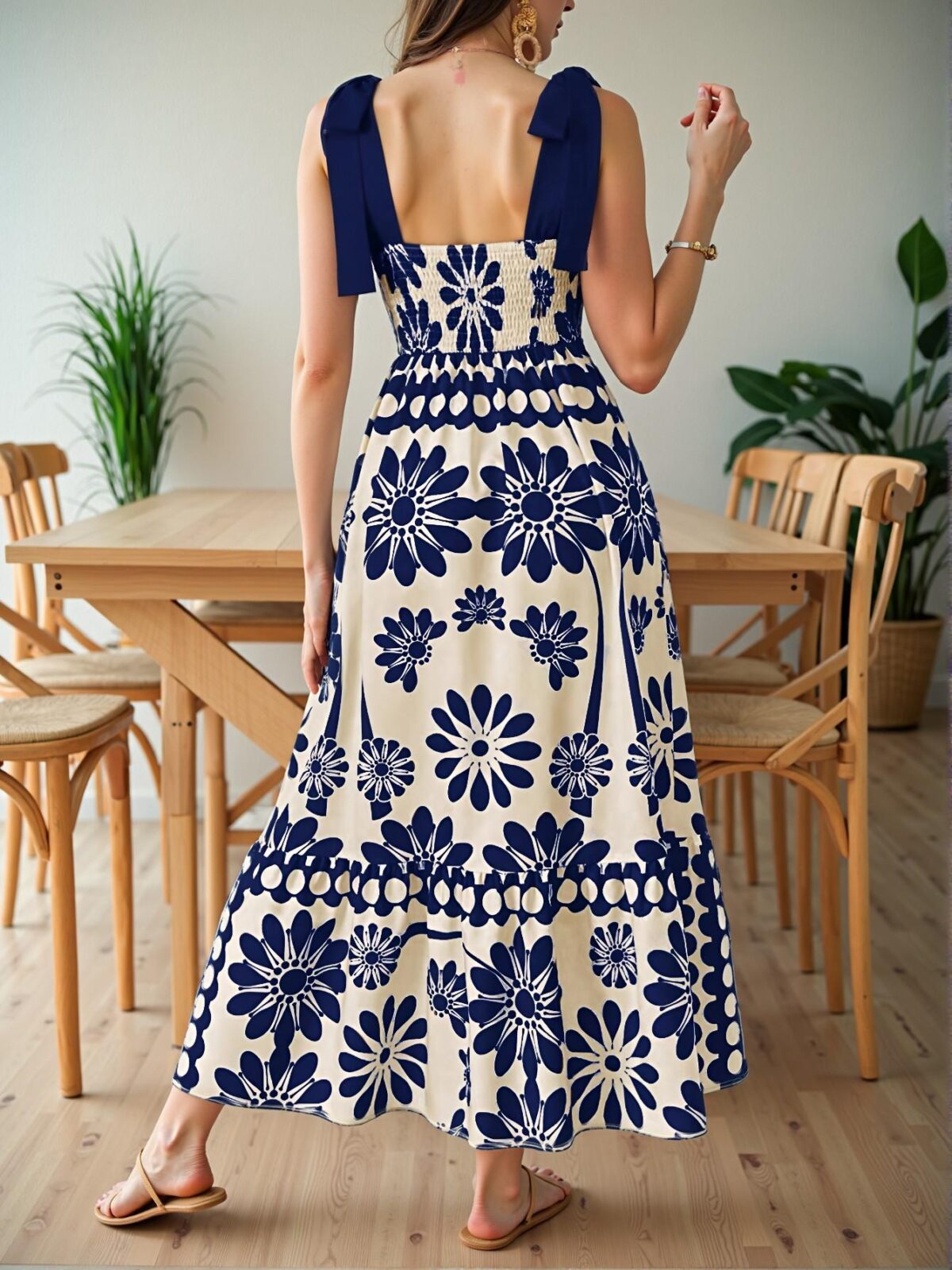 Elegant Blue Floral-Print Laced Shoulder Cut-Out High Waist Maxi Dress for Vacation Beach Outfits - Chic, Classy and Trendy Fashion Style to Dress to Impress - Image 2