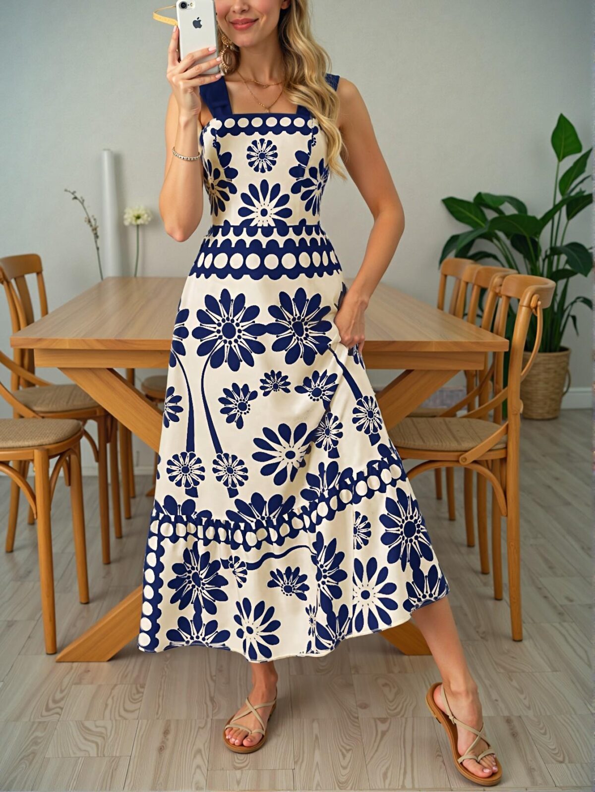 Elegant Blue Floral-Print Laced Shoulder Cut-Out High Waist Maxi Dress for Vacation Beach Outfits - Chic, Classy and Trendy Fashion Style to Dress to Impress - Image 3