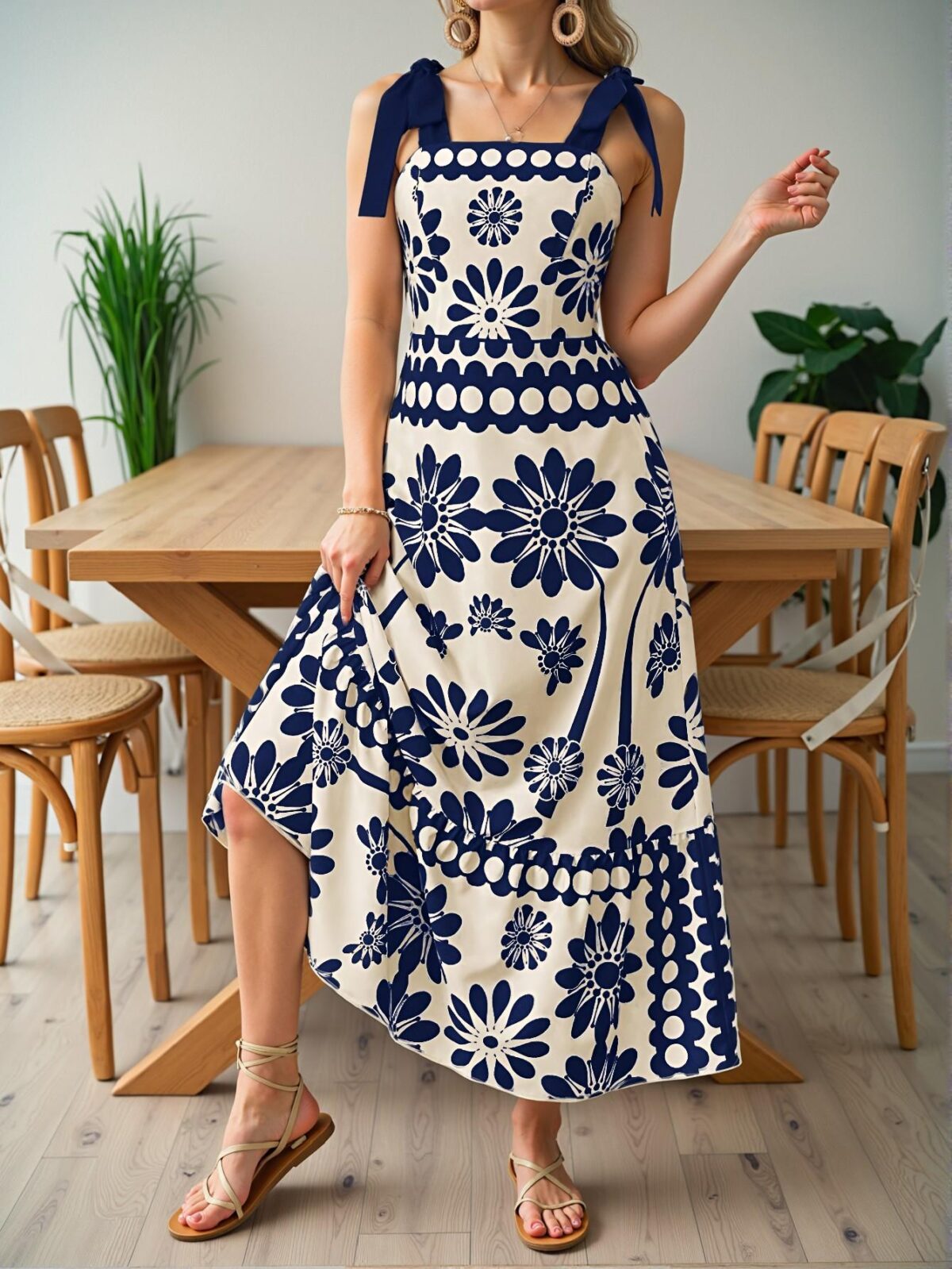 Elegant Blue Floral-Print Laced Shoulder Cut-Out High Waist Maxi Dress for Vacation Beach Outfits - Chic, Classy and Trendy Fashion Style to Dress to Impress - Image 4