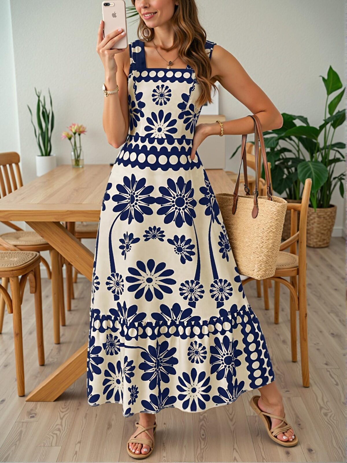 Elegant Blue Floral-Print Laced Shoulder Cut-Out High Waist Maxi Dress for Vacation Beach Outfits - Chic, Classy and Trendy Fashion Style to Dress to Impress - Image 5