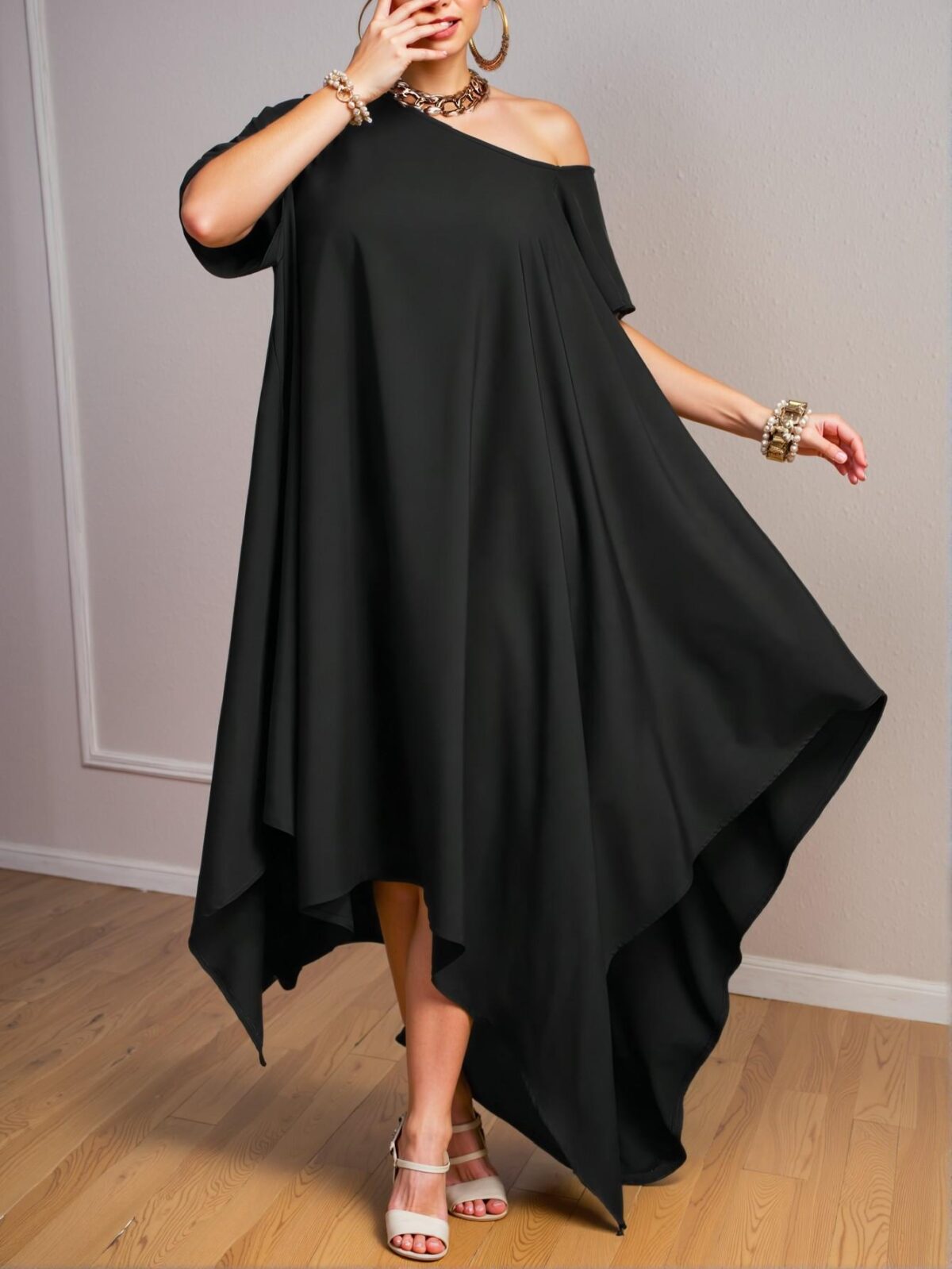 Elegant Black Effortlessly Chic Asymmetrical Hem One-Shoulder Dress for Spring and Summer "Chic, Classy and Trendy Fashion Style to Dress to Impress" - Image 5
