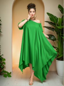 Elegant Green Relaxed Asymmetrical One Shoulder Sleeveless Tunic Dress Perfect for Everyday Spring and Summer Outings - Chic, Classy, and Trendy Fashion Style to Dress to Impress