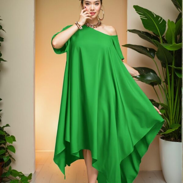 Elegant Green Relaxed Asymmetrical One Shoulder Sleeveless Tunic Dress Perfect for Everyday Spring and Summer Outings - Chic, Classy, and Trendy Fashion Style to Dress to Impress