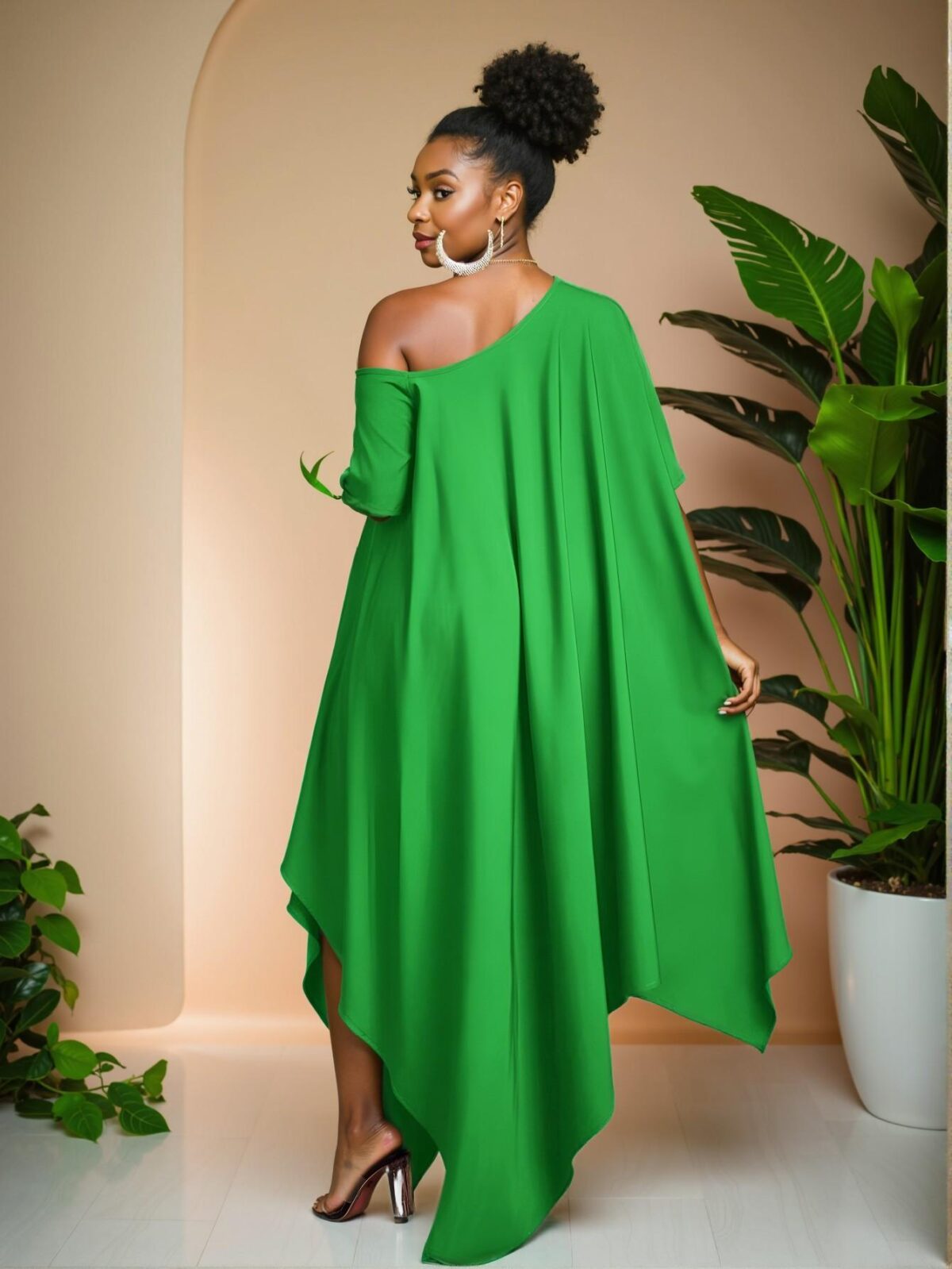 Elegant Green Relaxed Asymmetrical One Shoulder Sleeveless Tunic Dress Perfect for Everyday Spring and Summer Outings - Chic, Classy, and Trendy Fashion Style to Dress to Impress - Image 2