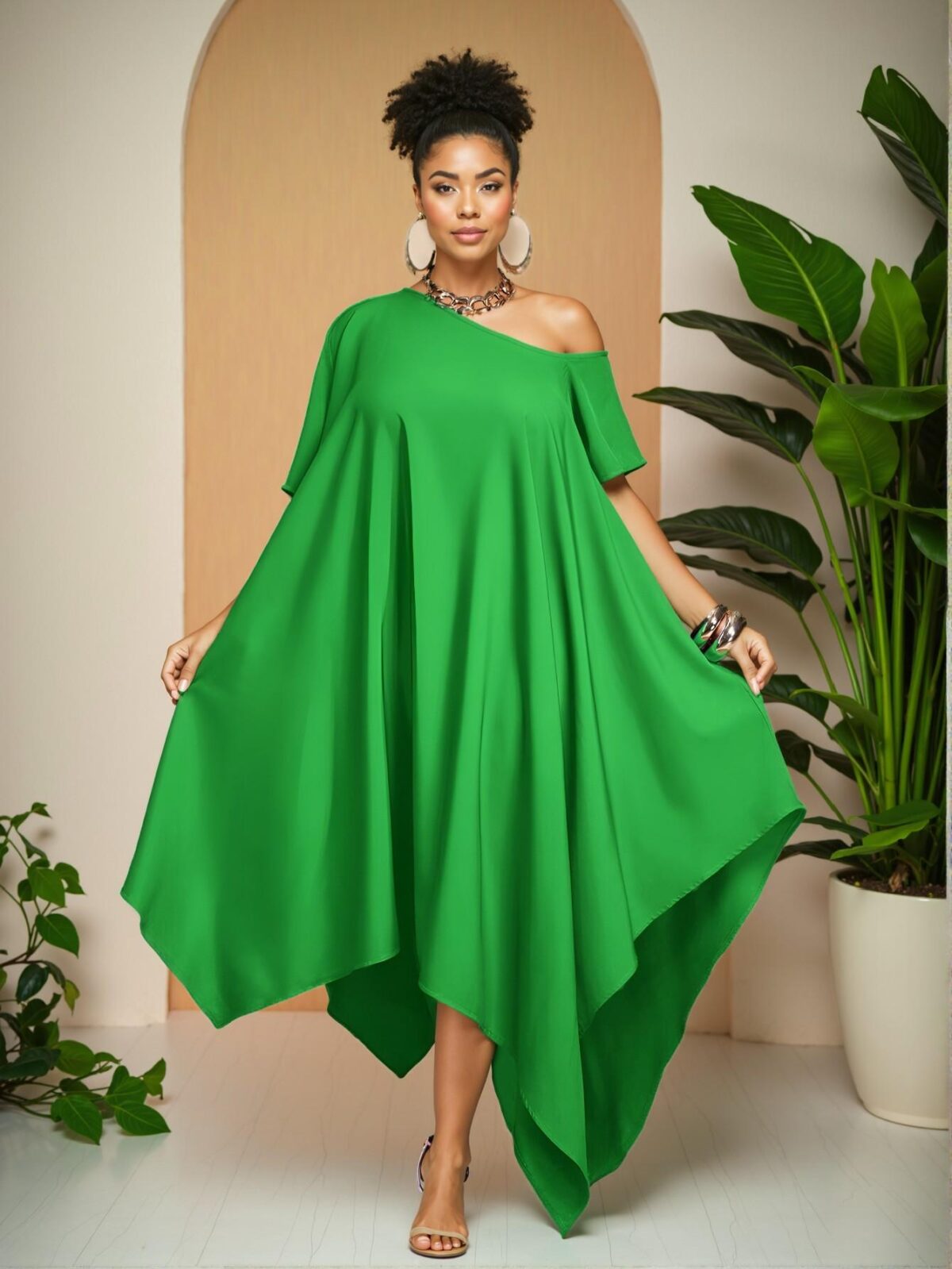 Elegant Green Relaxed Asymmetrical One Shoulder Sleeveless Tunic Dress Perfect for Everyday Spring and Summer Outings - Chic, Classy, and Trendy Fashion Style to Dress to Impress - Image 3