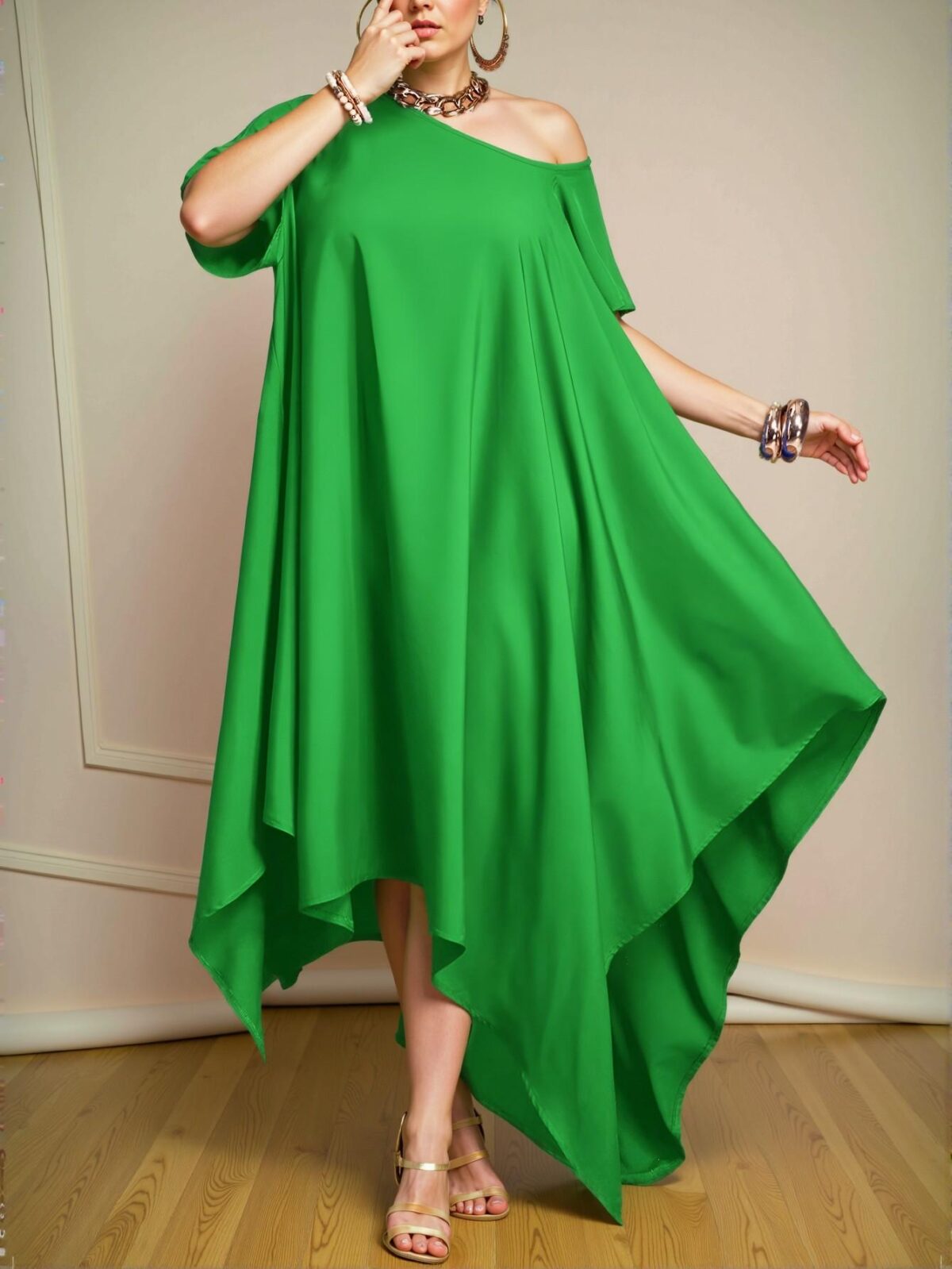Elegant Green Relaxed Asymmetrical One Shoulder Sleeveless Tunic Dress Perfect for Everyday Spring and Summer Outings - Chic, Classy, and Trendy Fashion Style to Dress to Impress - Image 5