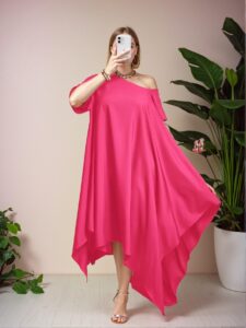 Elegant Hot Pink Stylish Asymmetrical Strap Casual Loose Tunic Dress for Spring/Summer "Chic, Classy and Trendy Fashion Style to Dress to Impress"