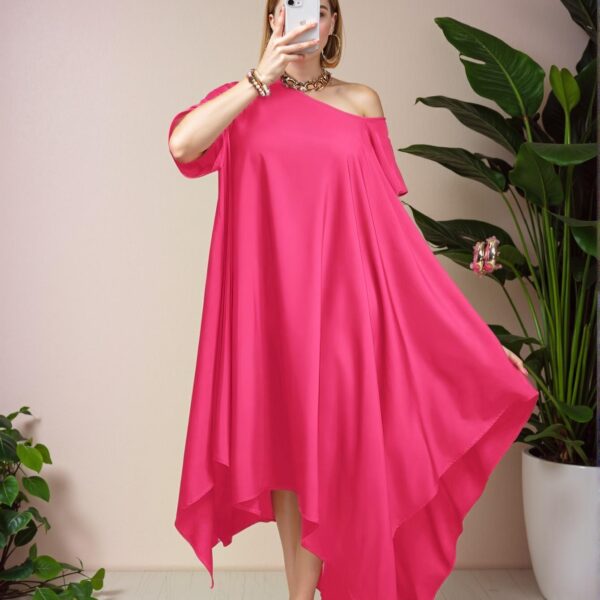 Elegant Hot Pink Stylish Asymmetrical Strap Casual Loose Tunic Dress for Spring/Summer "Chic, Classy and Trendy Fashion Style to Dress to Impress"