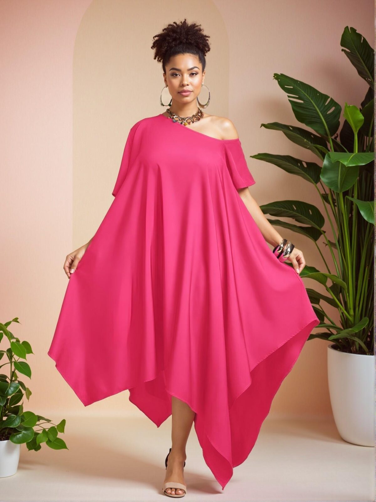 Elegant Hot Pink Stylish Asymmetrical Strap Casual Loose Tunic Dress for Spring/Summer "Chic, Classy and Trendy Fashion Style to Dress to Impress" - Image 3