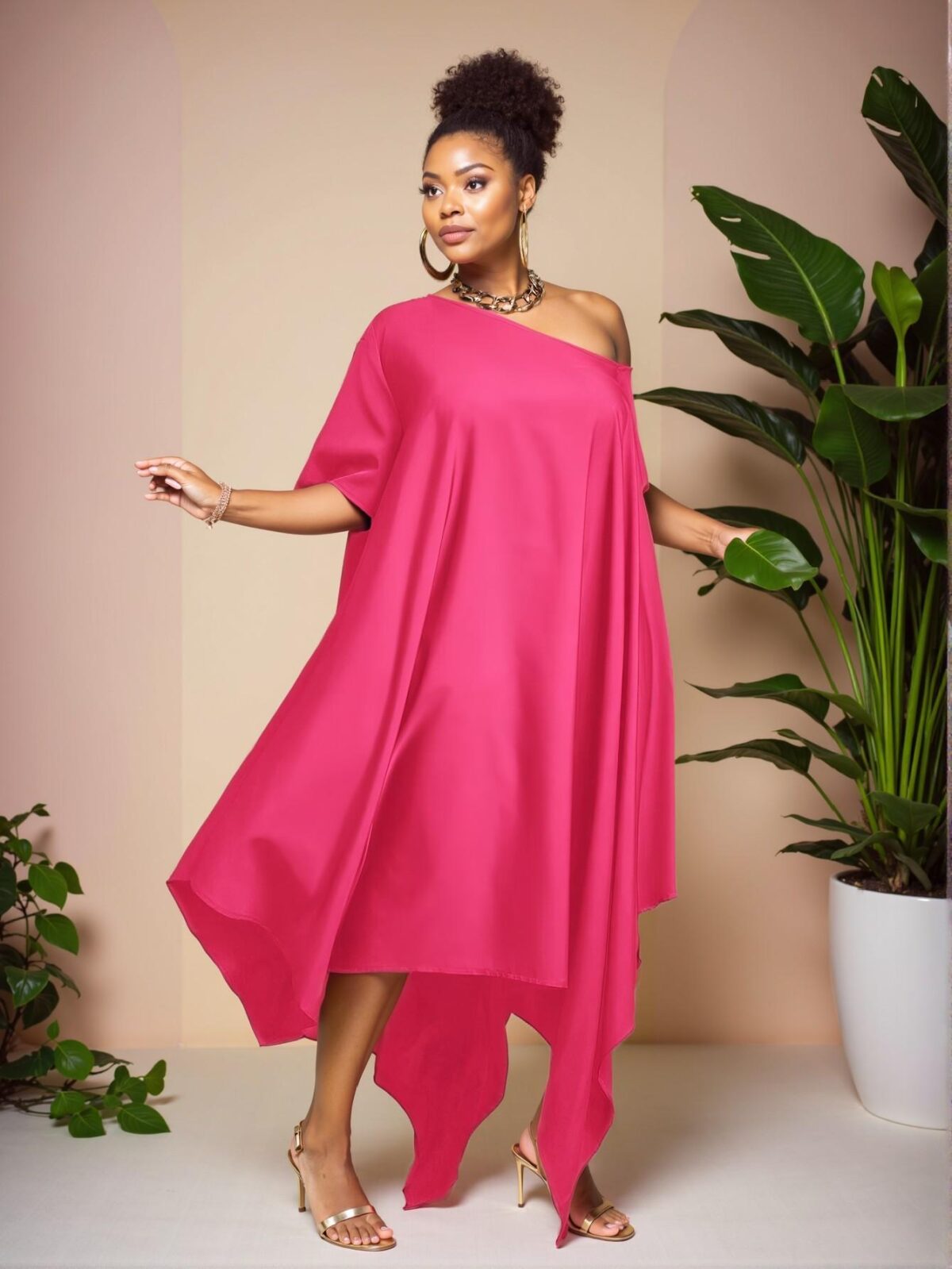 Elegant Hot Pink Stylish Asymmetrical Strap Casual Loose Tunic Dress for Spring/Summer "Chic, Classy and Trendy Fashion Style to Dress to Impress" - Image 4