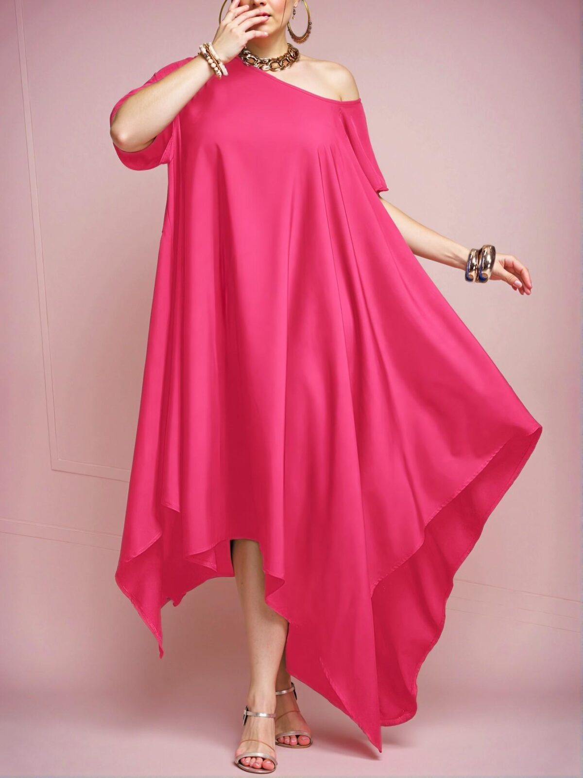 Elegant Hot Pink Stylish Asymmetrical Strap Casual Loose Tunic Dress for Spring/Summer "Chic, Classy and Trendy Fashion Style to Dress to Impress" - Image 5