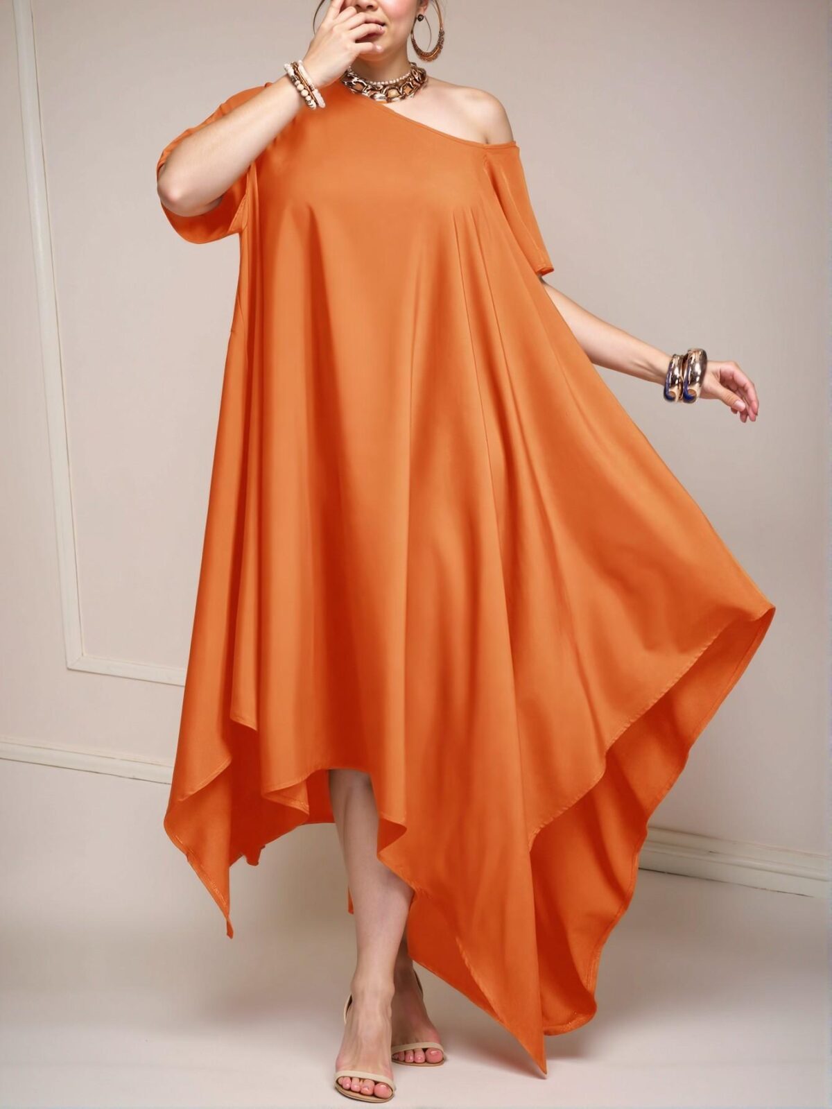 Elegant Orange Flowy Asymmetrical Hem Dress for Spring and Summer Festivities, Perfect for Rave, Country Concerts, and Tropical Vacations - Chic, Classy and Trendy Fashion Style to Dress to Impress - Image 5