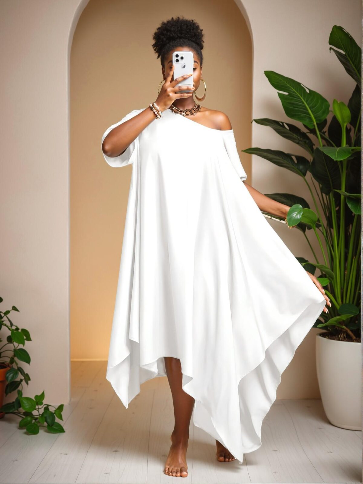 Elegant White Minimalist Everyday Tunic Dress with Asymmetrical Hem and Short Sleeves, Perfect for Spring and Summer - Chic, Classy and Trendy Fashion Style to Dress to Impress