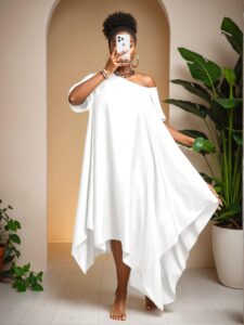 Elegant White Minimalist Everyday Tunic Dress with Asymmetrical Hem and Short Sleeves, Perfect for Spring and Summer - Chic, Classy and Trendy Fashion Style to Dress to Impress