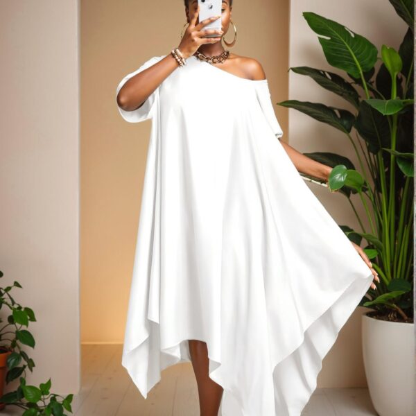 Elegant White Minimalist Everyday Tunic Dress with Asymmetrical Hem and Short Sleeves, Perfect for Spring and Summer - Chic, Classy and Trendy Fashion Style to Dress to Impress