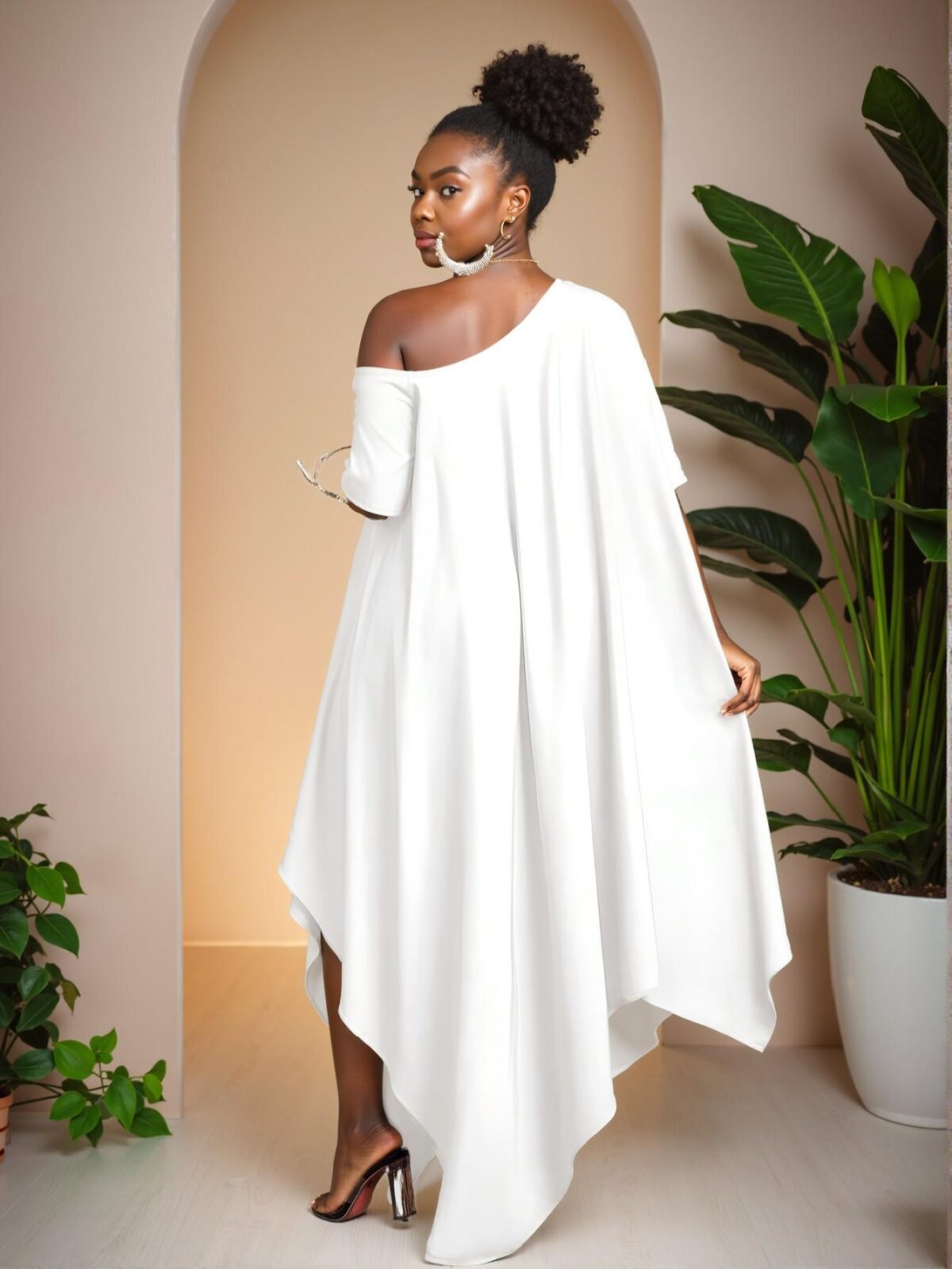 Elegant White Minimalist Everyday Tunic Dress with Asymmetrical Hem and Short Sleeves, Perfect for Spring and Summer - Chic, Classy and Trendy Fashion Style to Dress to Impress - Image 2