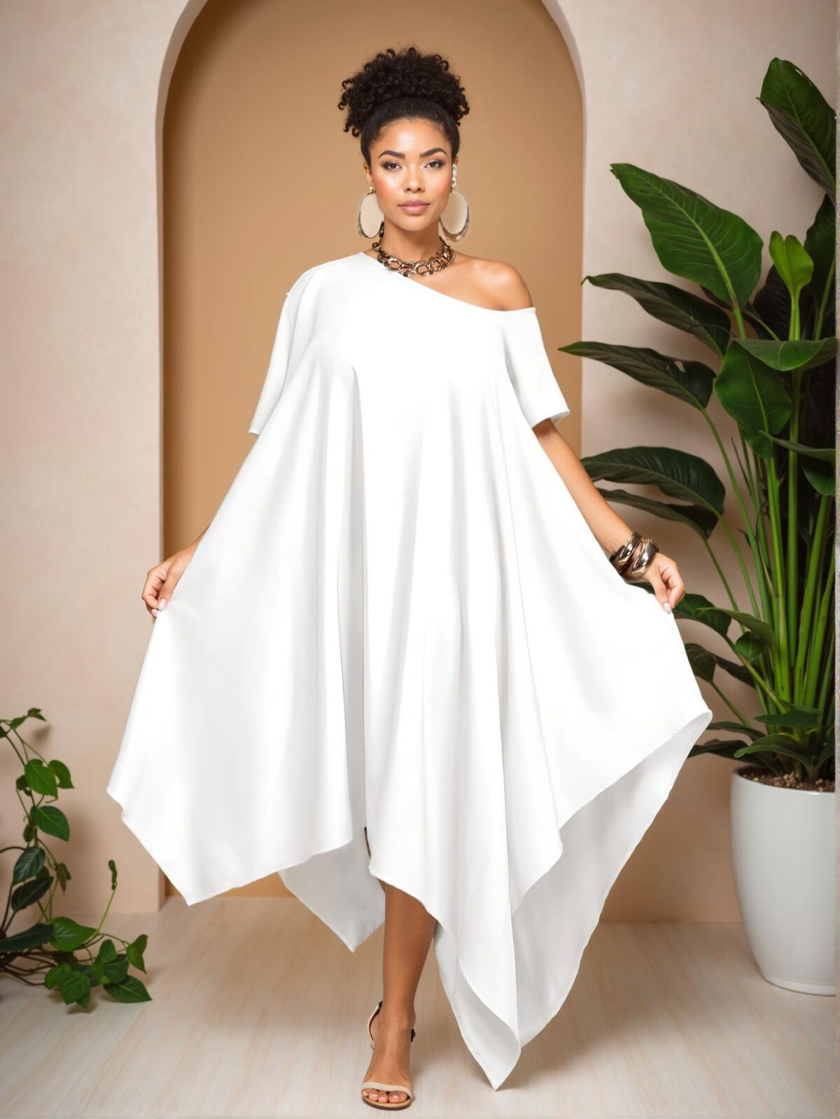 Elegant White Minimalist Everyday Tunic Dress with Asymmetrical Hem and Short Sleeves, Perfect for Spring and Summer - Chic, Classy and Trendy Fashion Style to Dress to Impress - Image 3