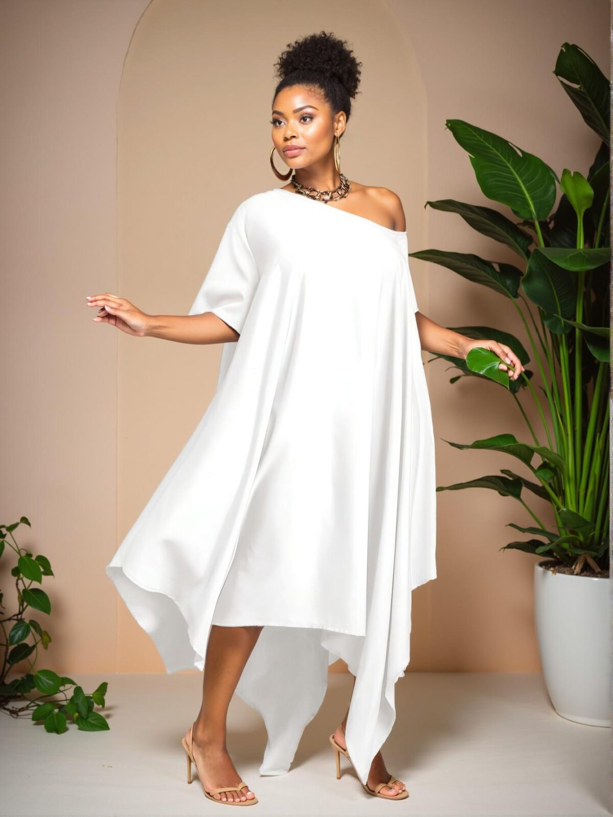 Elegant White Minimalist Everyday Tunic Dress with Asymmetrical Hem and Short Sleeves, Perfect for Spring and Summer - Chic, Classy and Trendy Fashion Style to Dress to Impress - Image 4