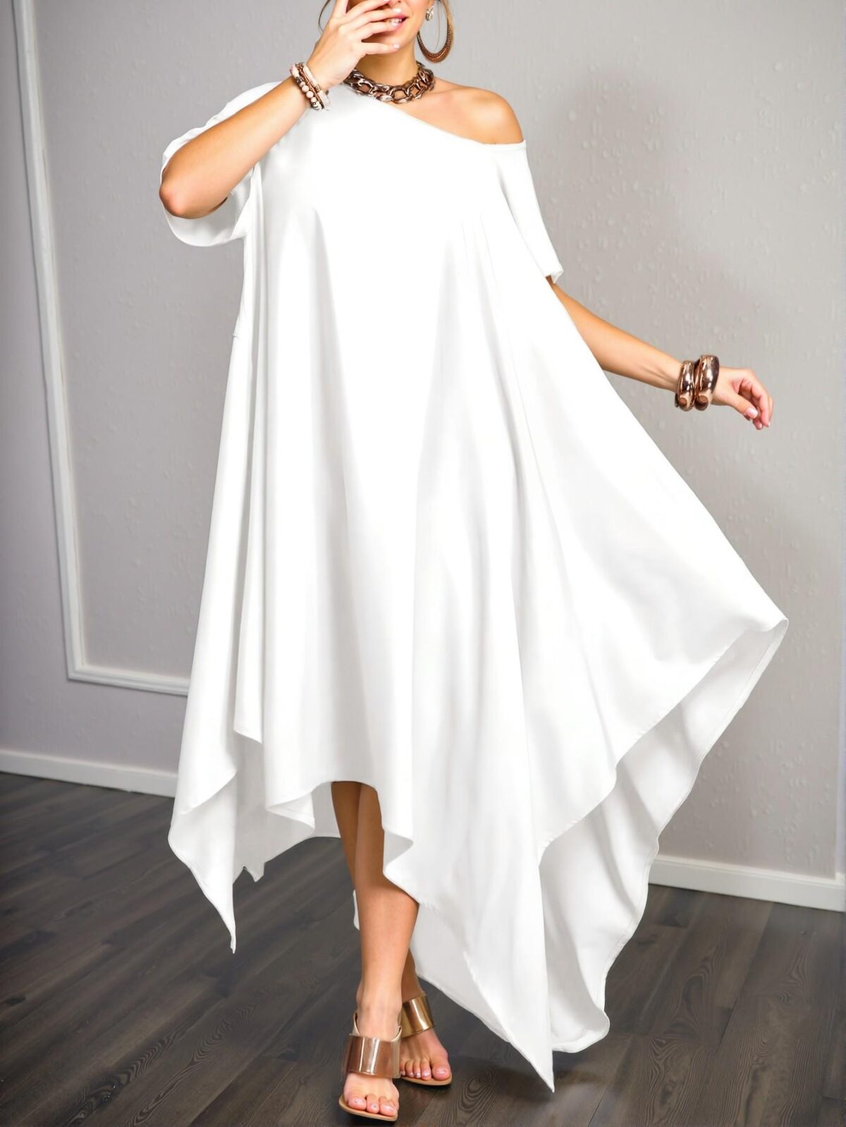 Elegant White Minimalist Everyday Tunic Dress with Asymmetrical Hem and Short Sleeves, Perfect for Spring and Summer - Chic, Classy and Trendy Fashion Style to Dress to Impress - Image 5