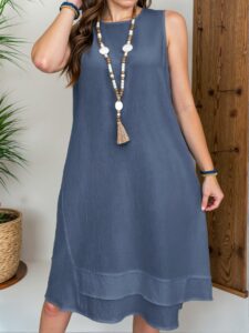 Elegant Dusty Blue Chic Casual Midi Tank Dress with Ruffle Hem and Button Details - Perfect for Spring and Summer: Chic, Classy and Trendy Fashion Style to Dress to Impress