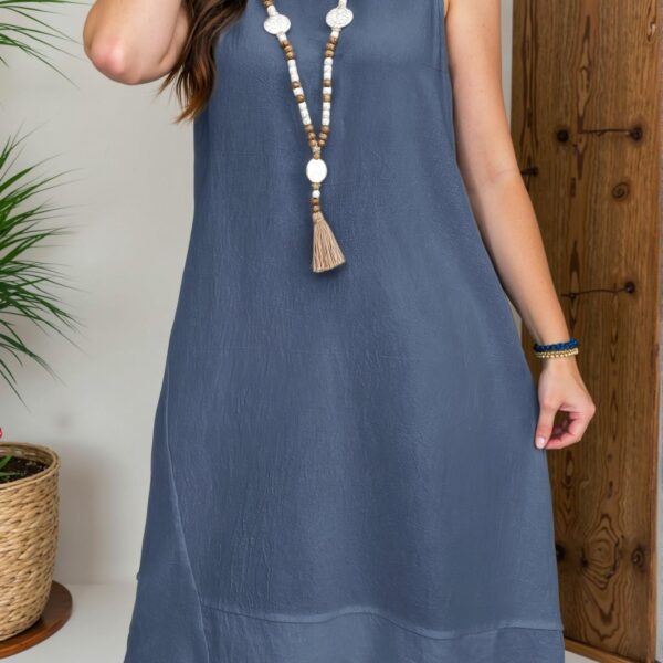 Elegant Dusty Blue Chic Casual Midi Tank Dress with Ruffle Hem and Button Details - Perfect for Spring and Summer: Chic, Classy and Trendy Fashion Style to Dress to Impress