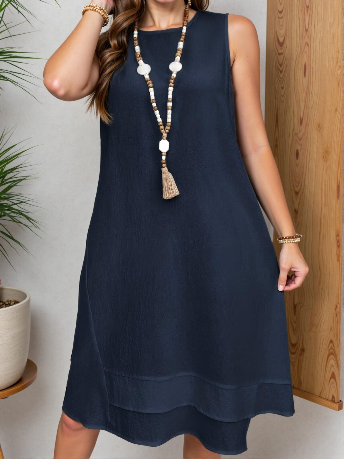 Elegant Navy Blue Casual Sleeveless Dress with Ruffle Hem and Tiered Detailing for Summer Beach Outings, Perfect for Holiday and Spring Styles - Chic, Classy and Trendy Fashion Style to Dress to Impress