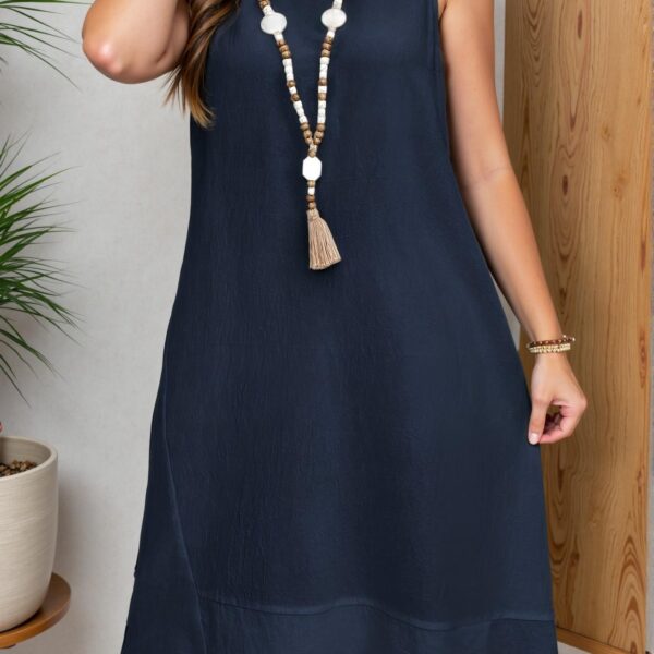 Elegant Navy Blue Casual Sleeveless Dress with Ruffle Hem and Tiered Detailing for Summer Beach Outings, Perfect for Holiday and Spring Styles - Chic, Classy and Trendy Fashion Style to Dress to Impress