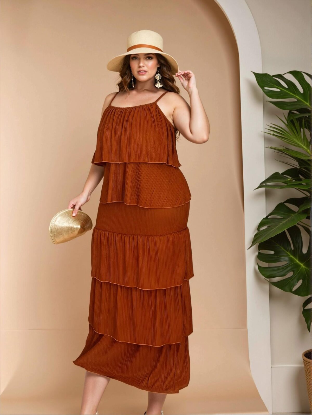 Elegant Brown Romantic Fitted Layered Ruffled Cami Dress for Women Plus Size Perfect for Spring and Summer "Chic, Classy and Trendy Fashion Style to Dress to Impress" - Image 4