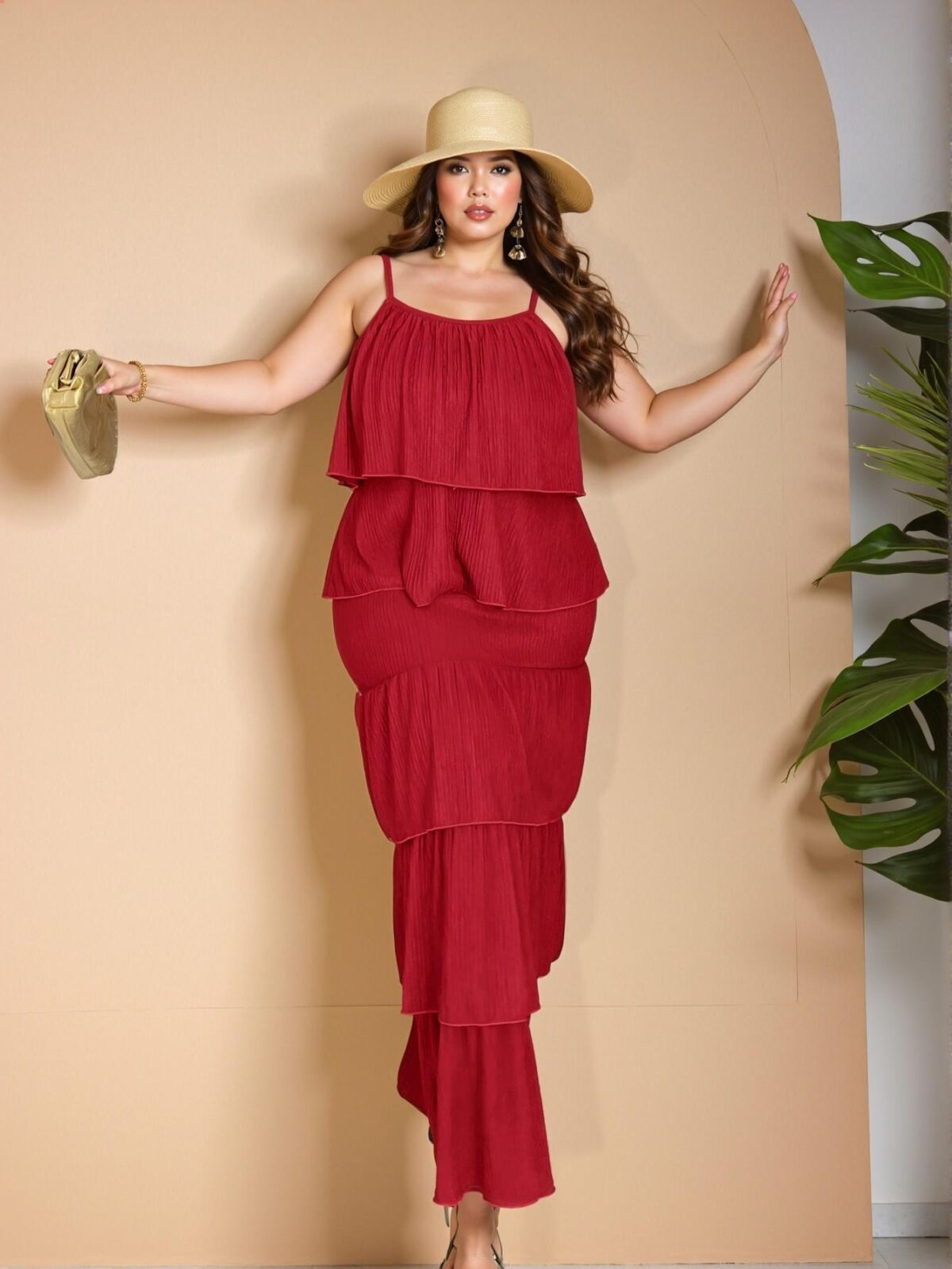 Elegant Red Body-Conscious Sleeveless Layered Ruffled Knit Dress for Plus Size Women Ideal for Spring and Summer Getaways – Chic, Classy, and Trendy Fashion Style to Dress to Impress
