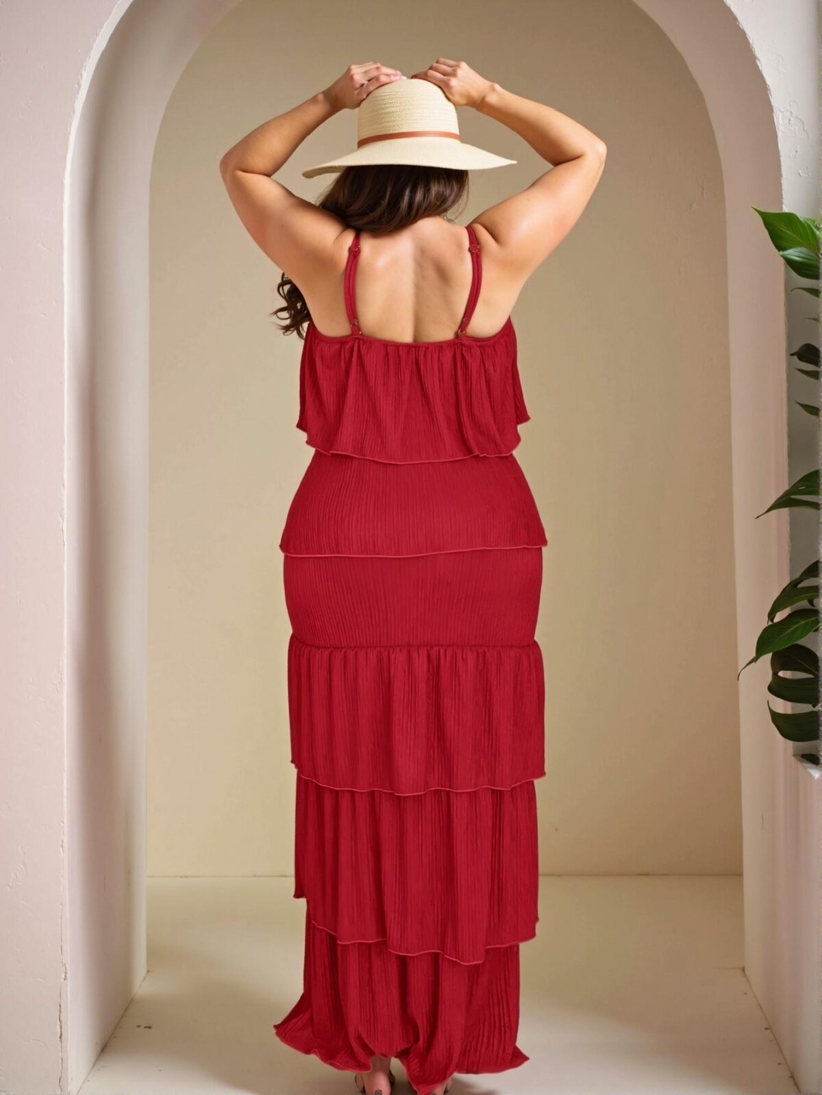 Elegant Red Body-Conscious Sleeveless Layered Ruffled Knit Dress for Plus Size Women Ideal for Spring and Summer Getaways – Chic, Classy, and Trendy Fashion Style to Dress to Impress - Image 2