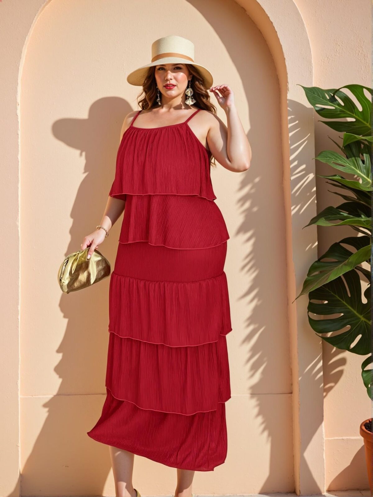 Elegant Red Body-Conscious Sleeveless Layered Ruffled Knit Dress for Plus Size Women Ideal for Spring and Summer Getaways – Chic, Classy, and Trendy Fashion Style to Dress to Impress - Image 3