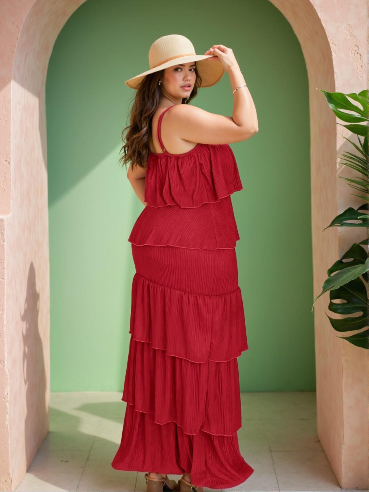Elegant Red Body-Conscious Sleeveless Layered Ruffled Knit Dress for Plus Size Women Ideal for Spring and Summer Getaways – Chic, Classy, and Trendy Fashion Style to Dress to Impress - Image 5