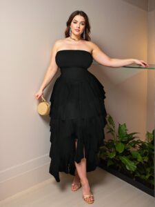 Elegant Black Asymmetrical Mesh Patchwork Plus Size Dress for Special Occasions and Everyday Chic - Perfect for Spring and Summer Fun, Sophisticated Style to Make a Lasting Impression