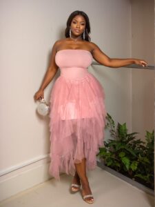 Elegant Pink Modern Bodycon Halter Mesh Hem High Low Dress for Parties and Dates - Chic, Classy and Trendy Fashion Style to Dress to Impress