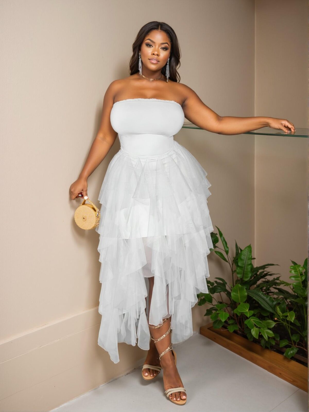 Elegant White Plus Size High Waist Cami Dress with Asymmetrical Contrast Mesh Hi-Lo Hem for Spring and Summer "Chic, Classy and Trendy Fashion Style to Dress to Impress"
