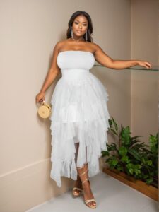 Elegant White Plus Size High Waist Cami Dress with Asymmetrical Contrast Mesh Hi-Lo Hem for Spring and Summer "Chic, Classy and Trendy Fashion Style to Dress to Impress"