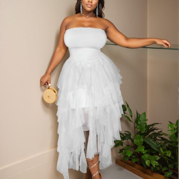 Elegant White Plus Size High Waist Cami Dress with Asymmetrical Contrast Mesh Hi-Lo Hem for Spring and Summer "Chic, Classy and Trendy Fashion Style to Dress to Impress"