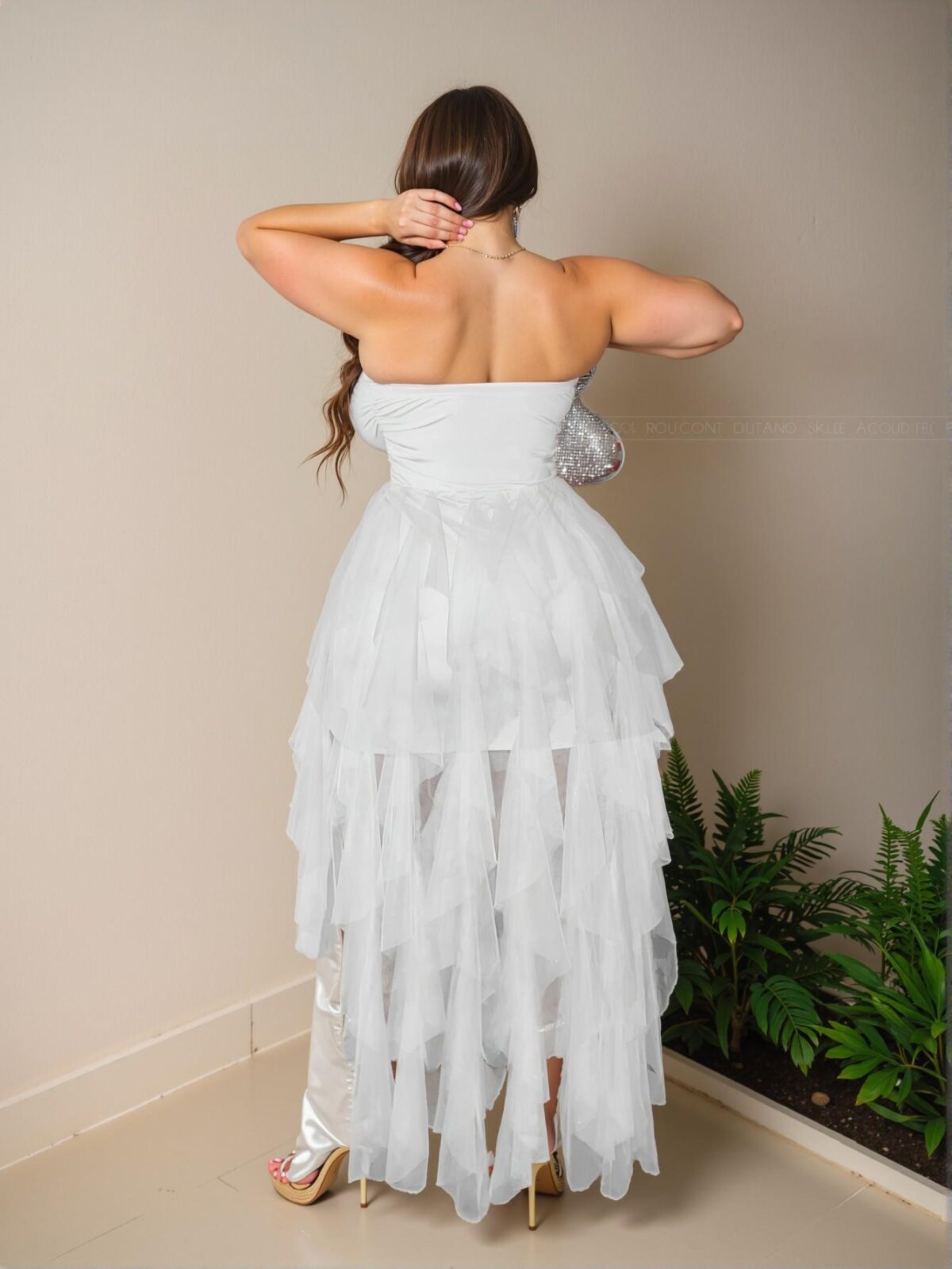 Elegant White Plus Size High Waist Cami Dress with Asymmetrical Contrast Mesh Hi-Lo Hem for Spring and Summer "Chic, Classy and Trendy Fashion Style to Dress to Impress" - Image 2