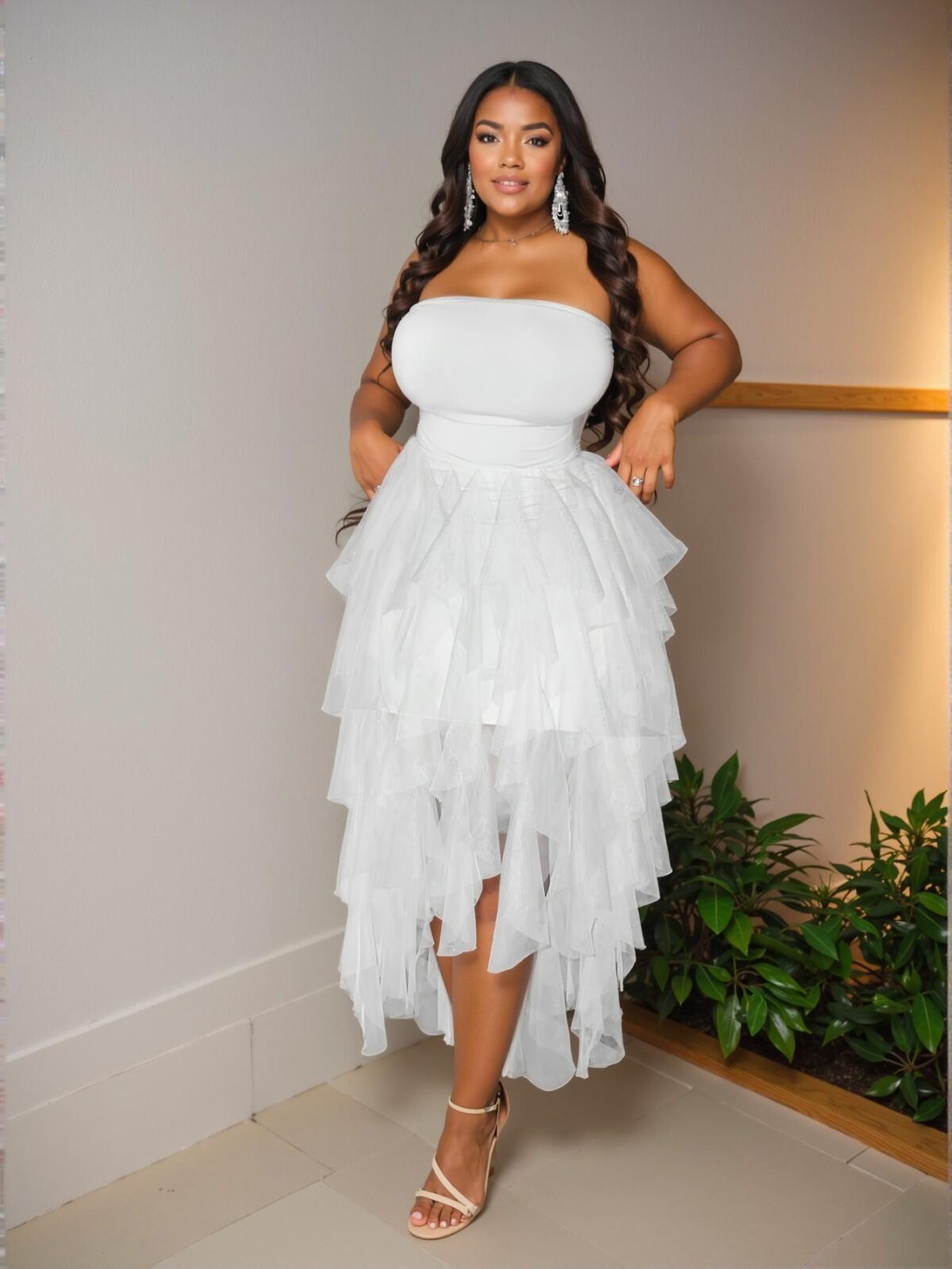 Elegant White Plus Size High Waist Cami Dress with Asymmetrical Contrast Mesh Hi-Lo Hem for Spring and Summer "Chic, Classy and Trendy Fashion Style to Dress to Impress" - Image 4
