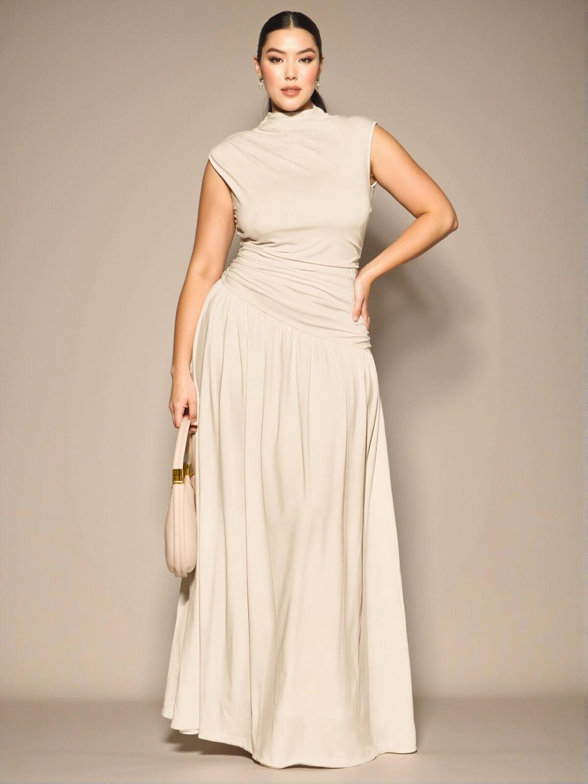 Elegant Apricot Sleeveless High Neck Ruched Dress with Asymmetrical Pleats, Perfect for Any Occasion from Evening to Everyday Wear, Chic, Classy and Trendy Fashion Style to Dress to Impress