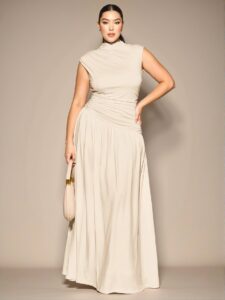 Elegant Apricot Sleeveless High Neck Ruched Dress with Asymmetrical Pleats, Perfect for Any Occasion from Evening to Everyday Wear, Chic, Classy and Trendy Fashion Style to Dress to Impress
