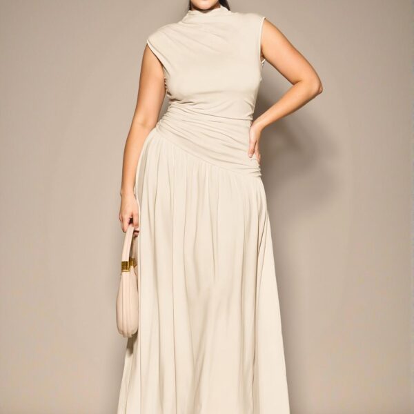 Elegant Apricot Sleeveless High Neck Ruched Dress with Asymmetrical Pleats, Perfect for Any Occasion from Evening to Everyday Wear, Chic, Classy and Trendy Fashion Style to Dress to Impress