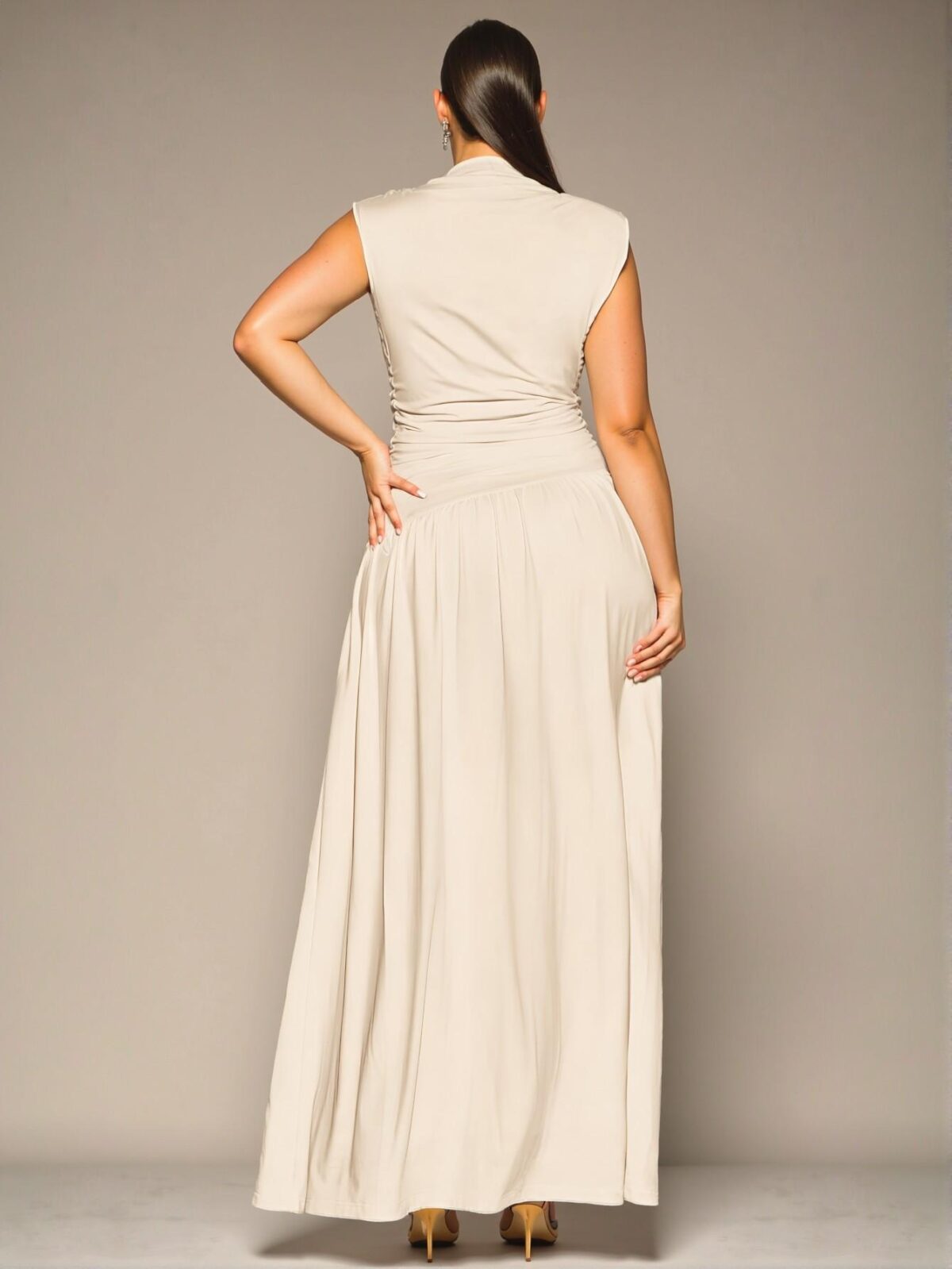 Elegant Apricot Sleeveless High Neck Ruched Dress with Asymmetrical Pleats, Perfect for Any Occasion from Evening to Everyday Wear, Chic, Classy and Trendy Fashion Style to Dress to Impress - Image 2