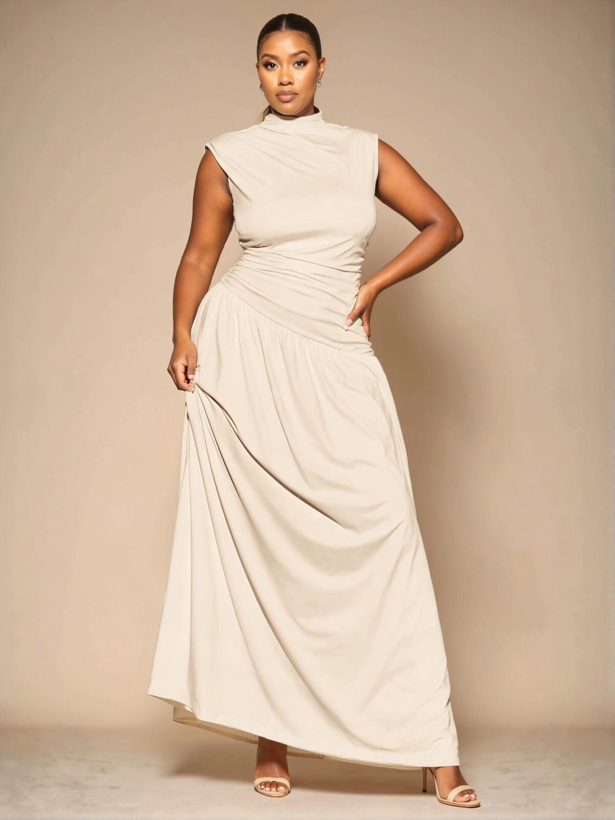 Elegant Apricot Sleeveless High Neck Ruched Dress with Asymmetrical Pleats, Perfect for Any Occasion from Evening to Everyday Wear, Chic, Classy and Trendy Fashion Style to Dress to Impress - Image 3