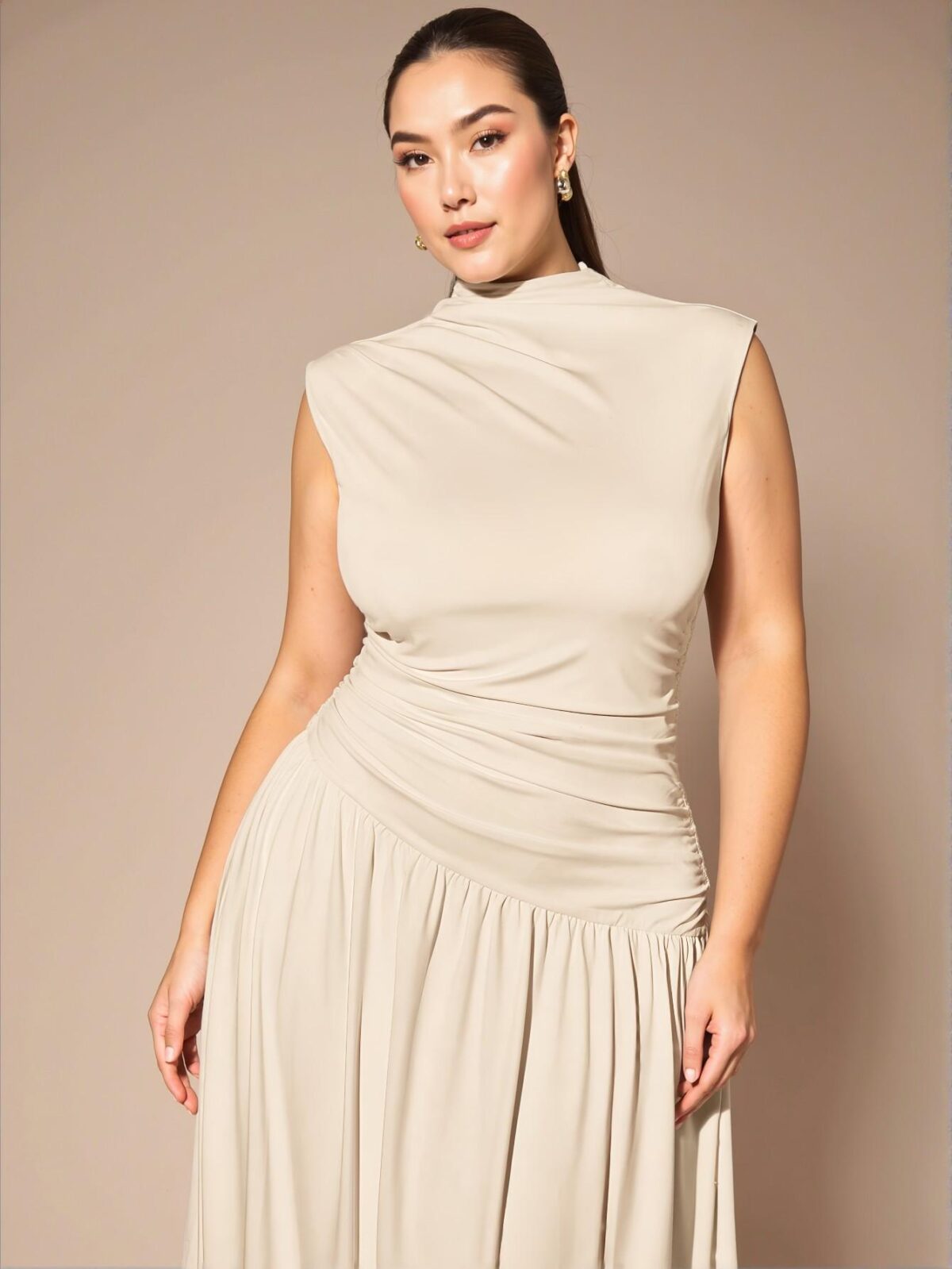 Elegant Apricot Sleeveless High Neck Ruched Dress with Asymmetrical Pleats, Perfect for Any Occasion from Evening to Everyday Wear, Chic, Classy and Trendy Fashion Style to Dress to Impress - Image 4