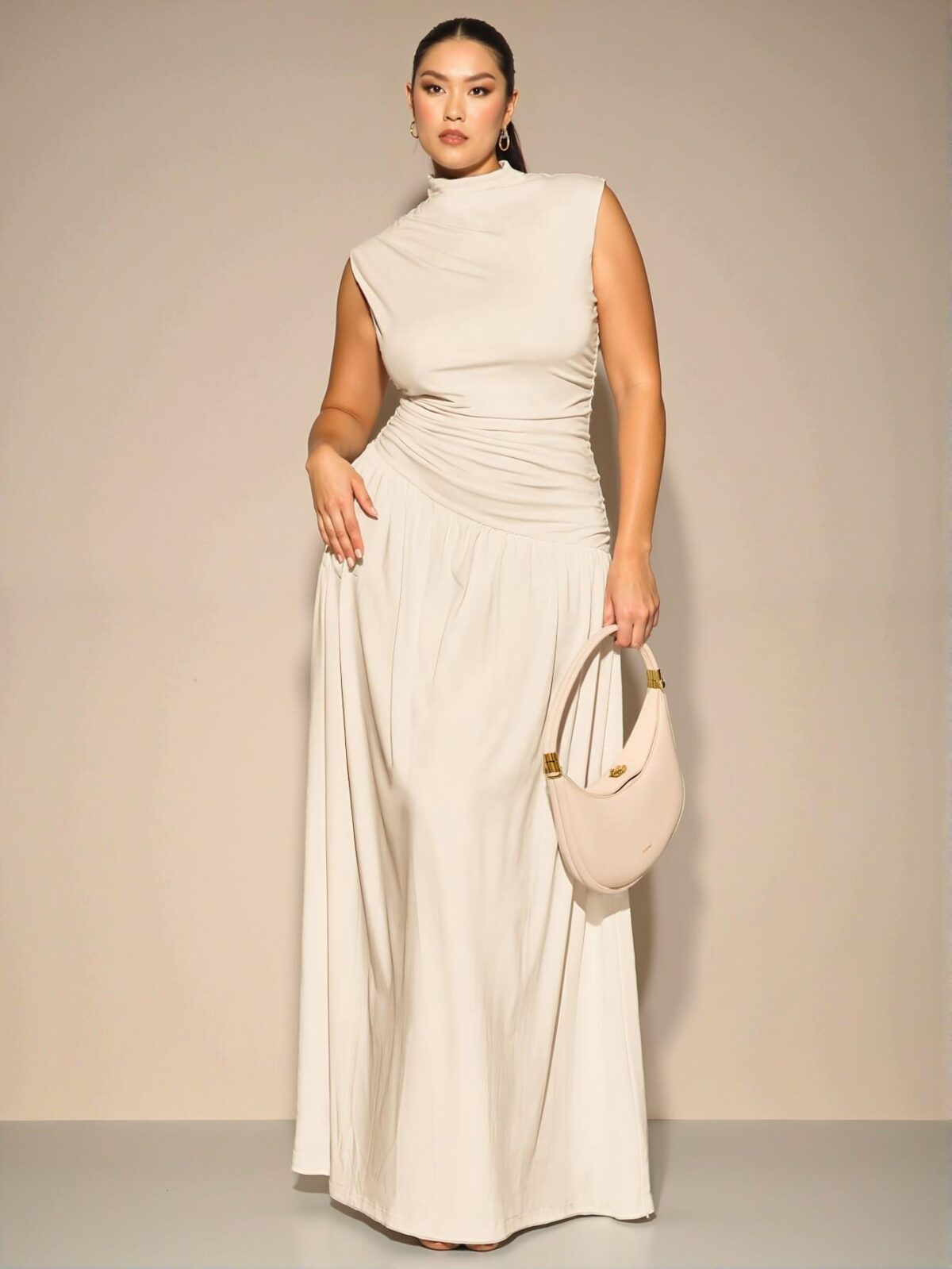 Elegant Apricot Sleeveless High Neck Ruched Dress with Asymmetrical Pleats, Perfect for Any Occasion from Evening to Everyday Wear, Chic, Classy and Trendy Fashion Style to Dress to Impress - Image 5