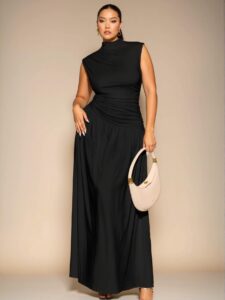 Elegant Black Asymmetric Ruched Sleeveless Long Dress, Perfect for Spring and Summer as a Stylish Base Layer for Autumn and Winter, Ideal for Special Occasions like Evenings, Birthdays, and Formal Events "Chic, Classy and Trendy Fashion Style to Dress to Impress"